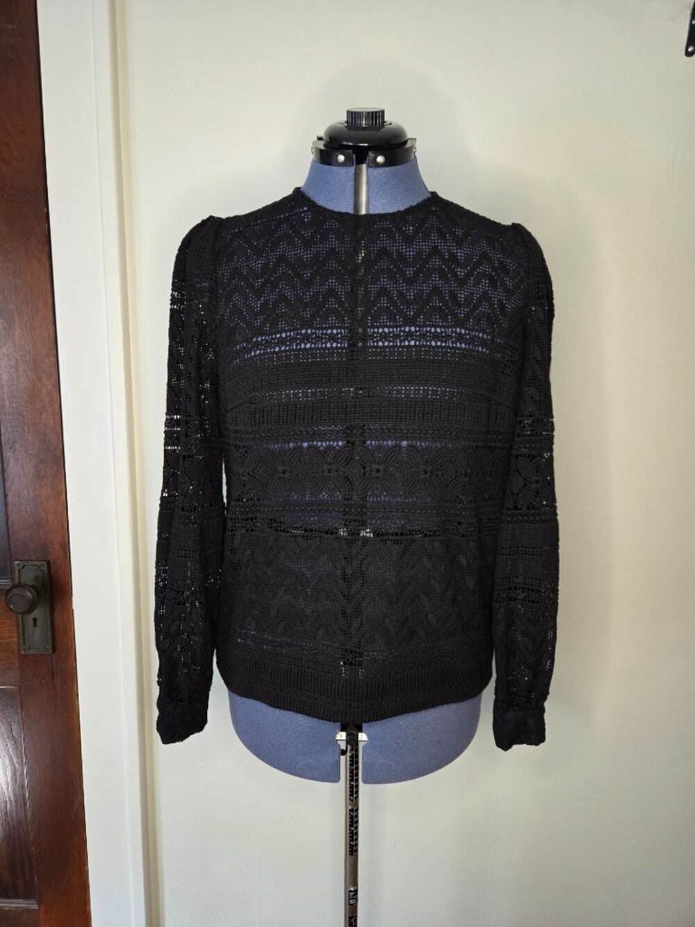 Sezane Black Cotton Blend Lace Puff Long Sleeve Blouse